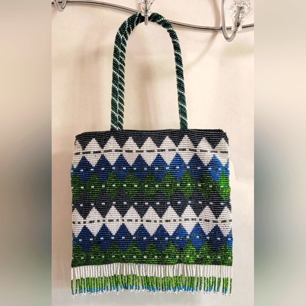 Beaded Purse, green, teal, blue and white handheld